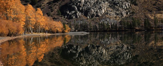 A perfectly calm mountain lake reflecting